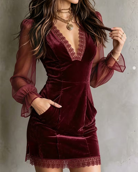 Kleid V-Ausschnitt Slim Fit Spitze Patchwork
