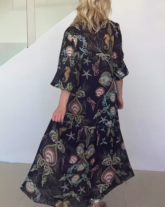 Kleid V-Ausschnitt Marine Druck Langarm