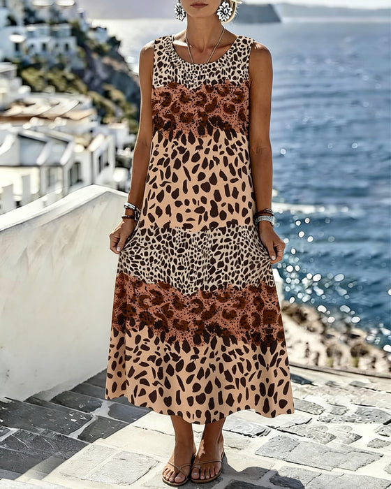 Kleid Farbblock Leopard Druck Ärmellos Midi
