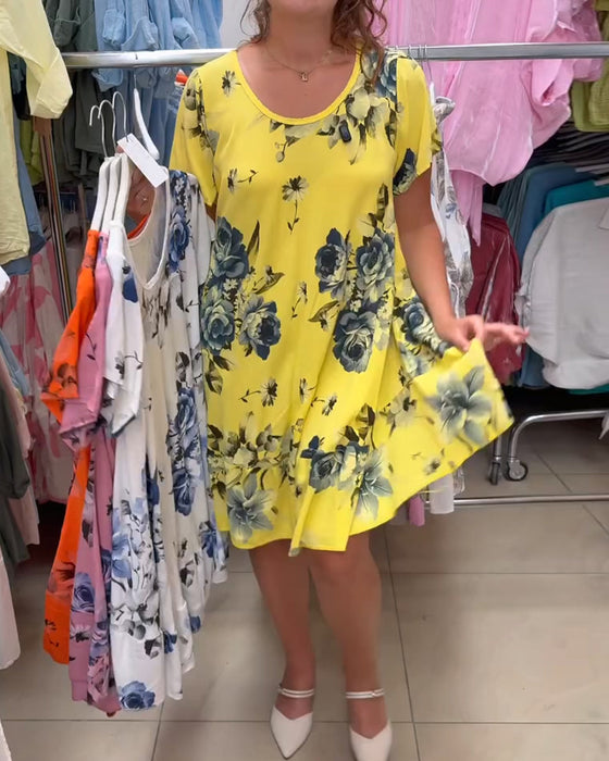 Kleid Rundhals Blumen A-Linie
