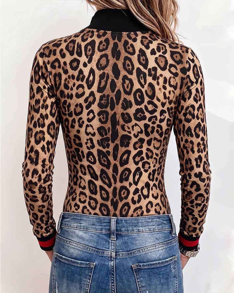 Top Leopardenmuster Halb-Zip Langarm