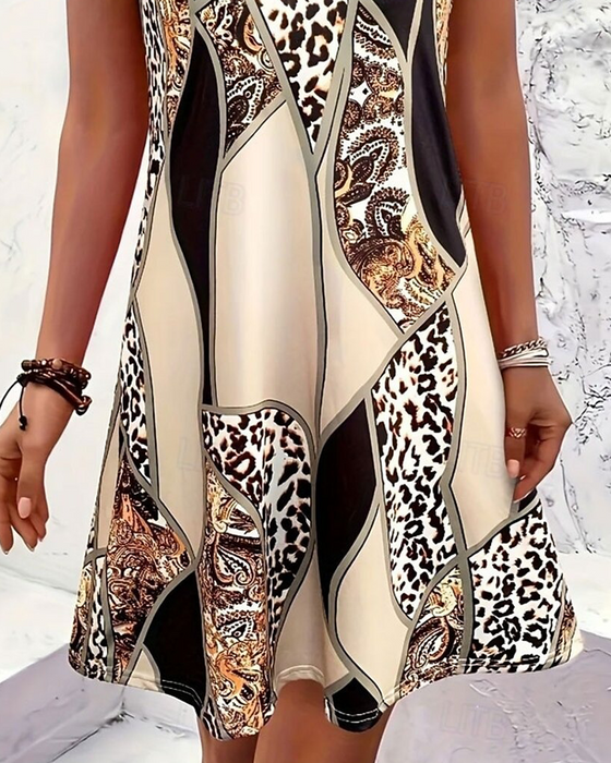 Kleid Ärmellos Leopard Patchwork A-Linie