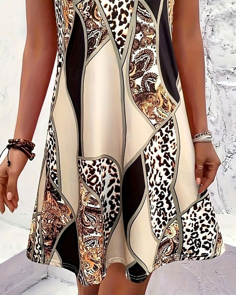 Kleid Ärmellos Leopard Patchwork A-Linie