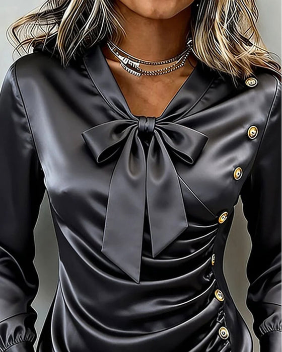 Bluse V-Ausschnitt Schleife Gerafft Knopf