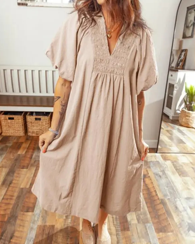 Kleid V-Ausschnitt Klappe Puff Ärmel Maxi