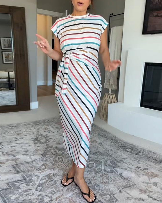 Kleid Lässig Bunt Gestreift Taillengürtel
