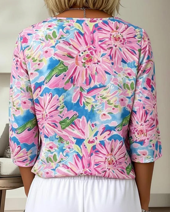 Bluse Blumig V-Ausschnitt Halbarm