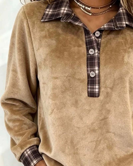 Sweatshirt Revers Knopf Kariert Patchwork