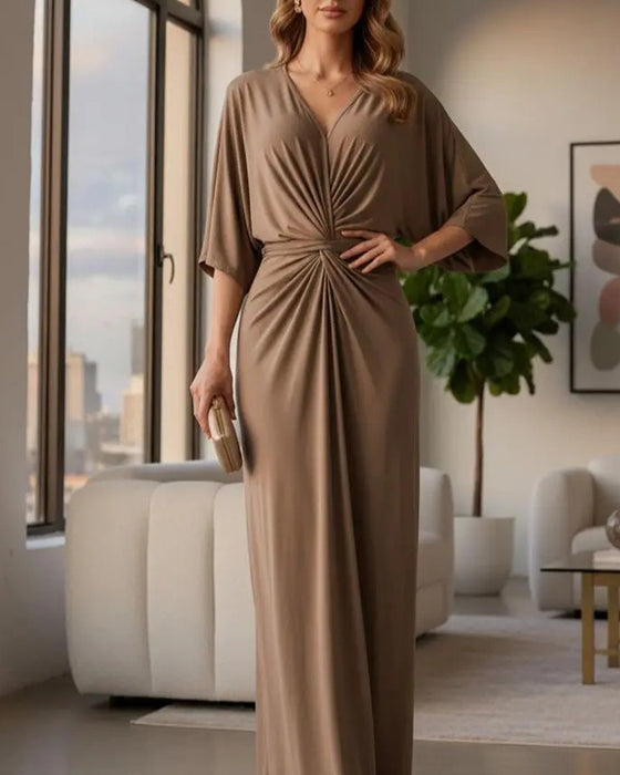 Einfarbiges V‑Ausschnitt Freizeitkleid