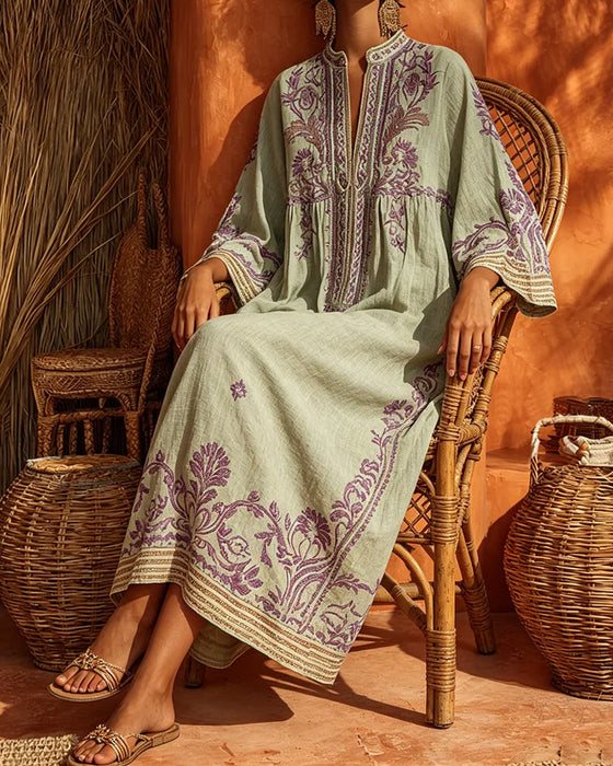 Kleid V-Ausschnitt Ethno-Print Loose Fit