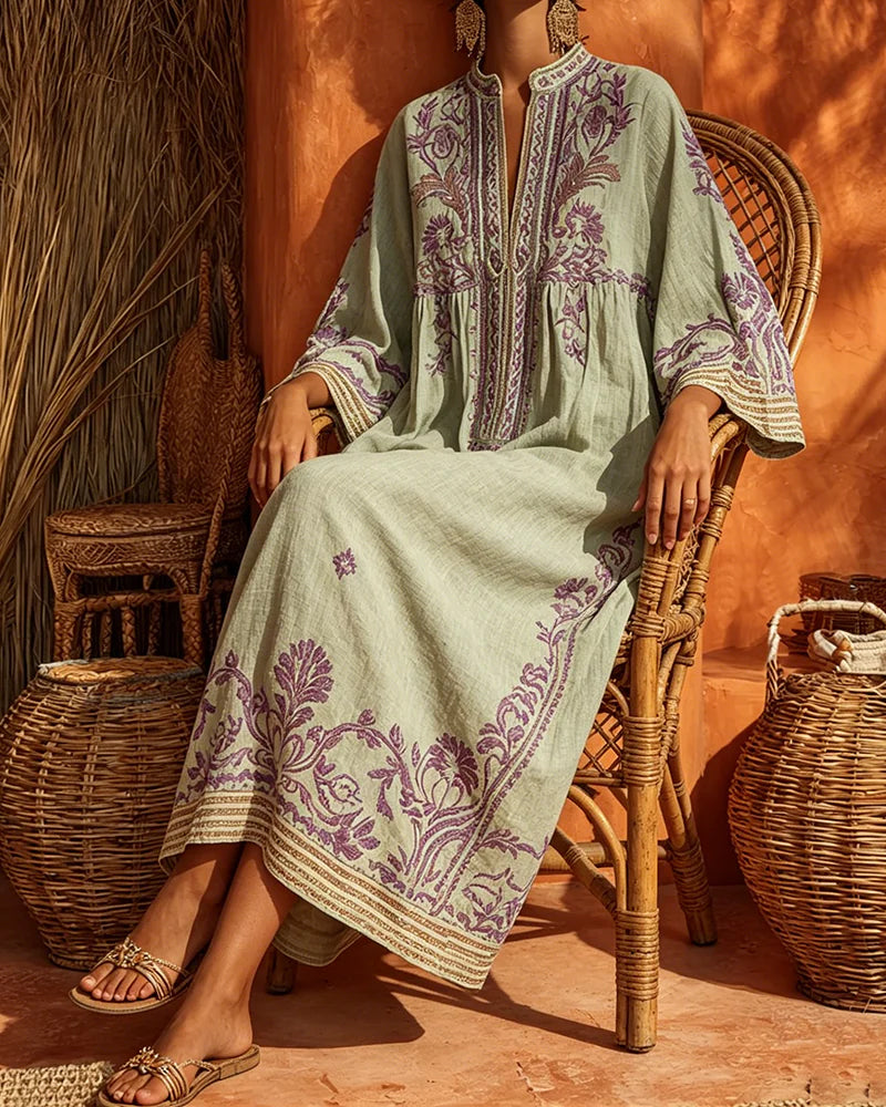 Kleid V-Ausschnitt Ethno-Print Loose Fit