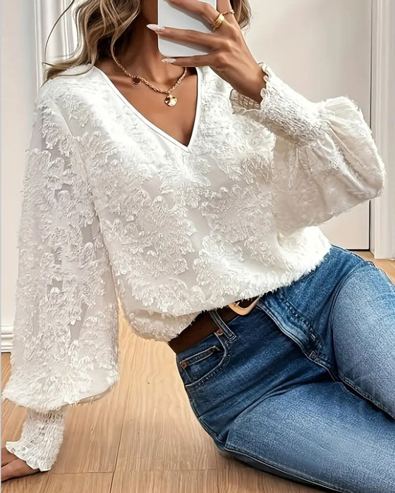 Bluse Laternenärmel Elegant V-Ausschnitt