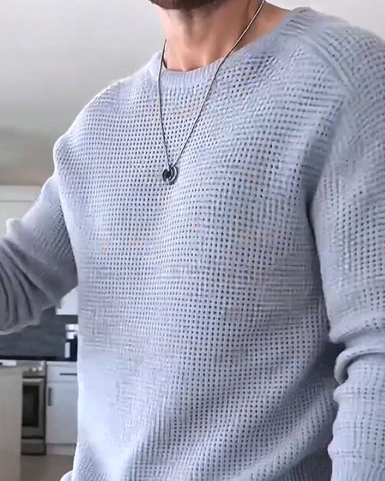 Pullover Herren Rundhalsausschnitt Waffel Langarm