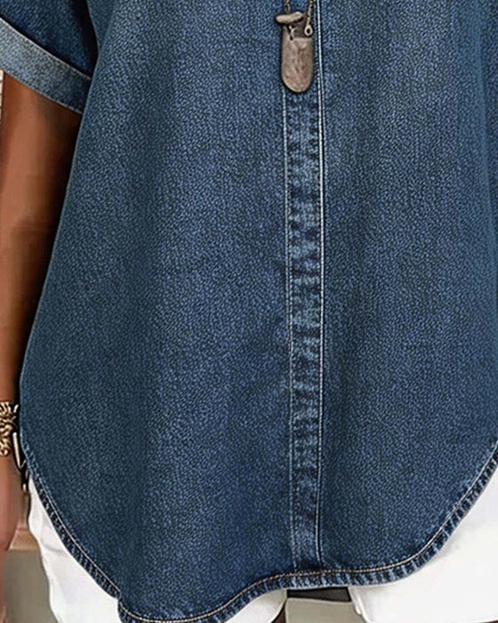 Blusen V-Ausschnitt Denim Kurzarm