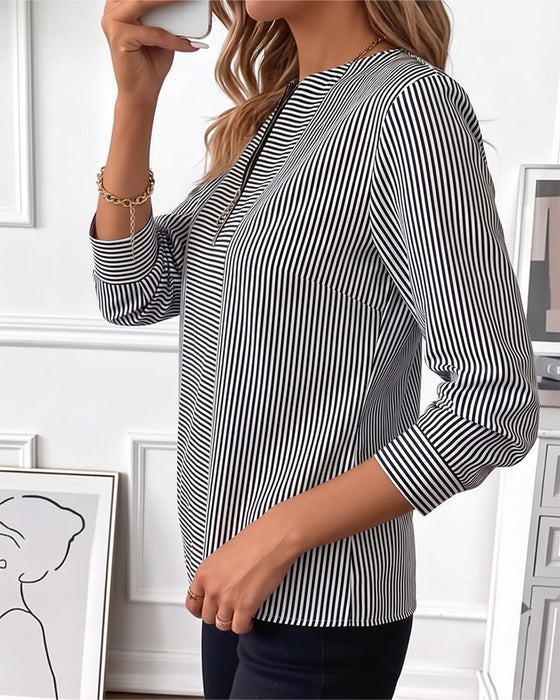 Bluse Gestreift Patchwork Reißverschluss Hoch