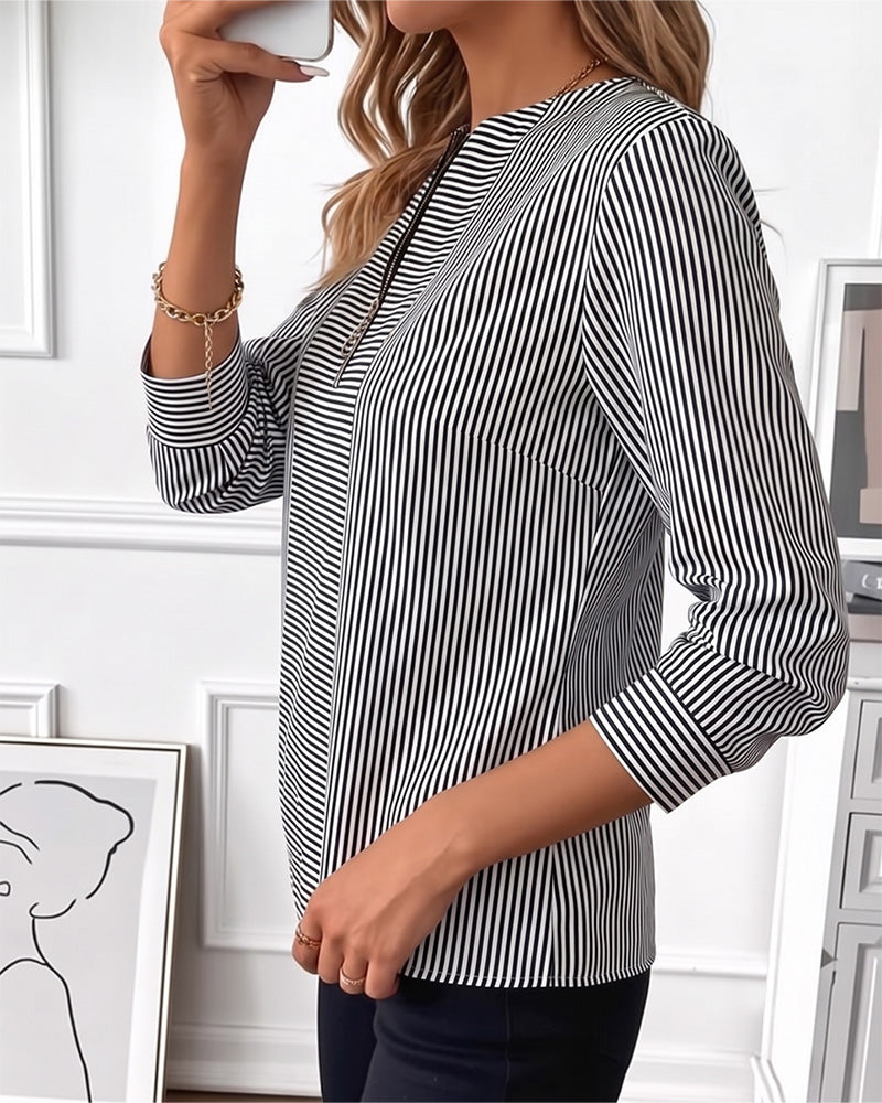 Bluse Gestreift Patchwork Reißverschluss Hoch