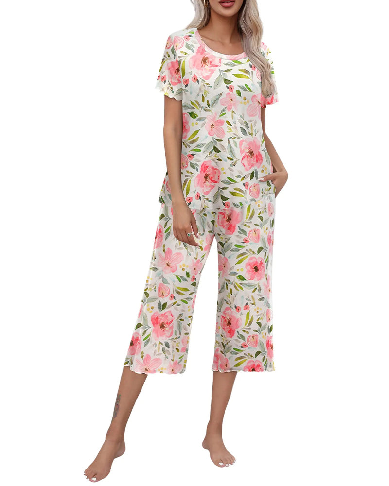 Set Runder Hals Leopard Druck Kurze Ärmel Sieben-Punkt-Hose
