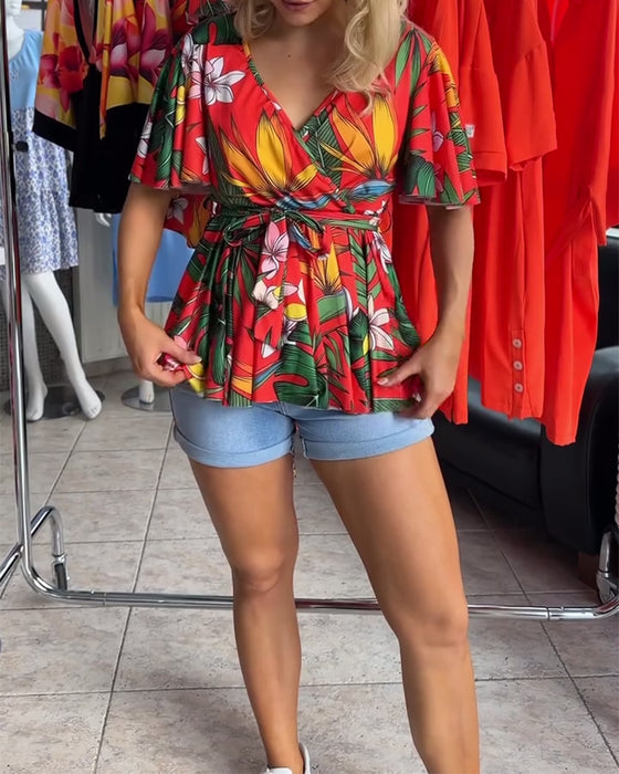 Bluse V-Ausschnitt Kurzärmelig Taille
