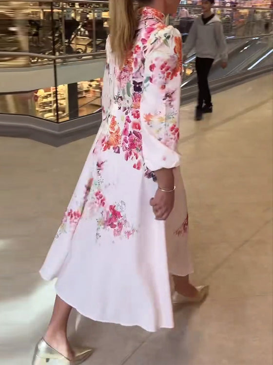 Kleid Französisch Puffärmel Stehkragen Druck