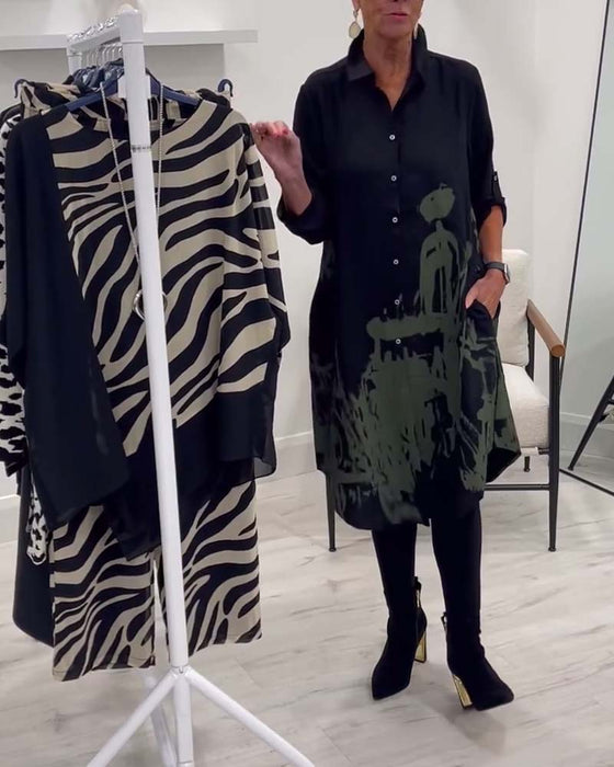 Lässiges Kleid mit Reversknopf und Kontrastdruck