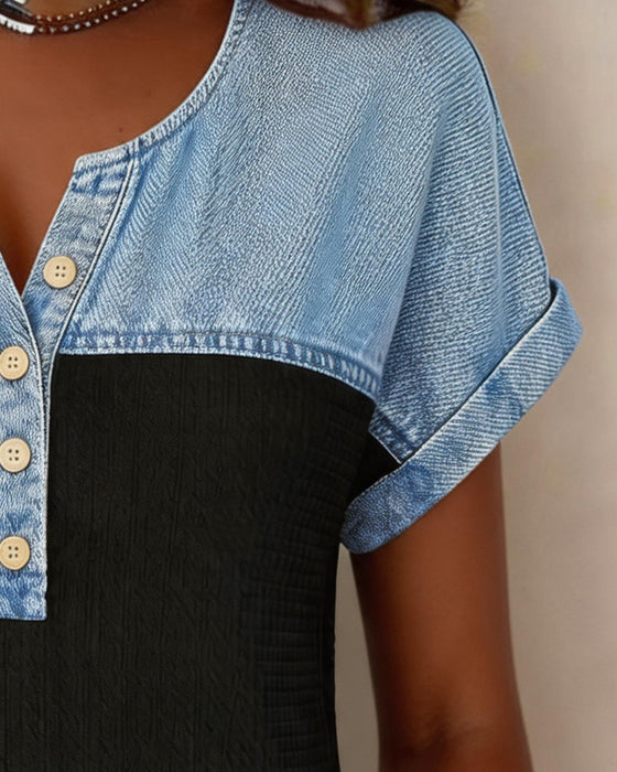 Bluse Denim Patchwork Kurzarm