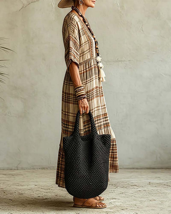 Kleid V-Ausschnitt Karo Patchwork