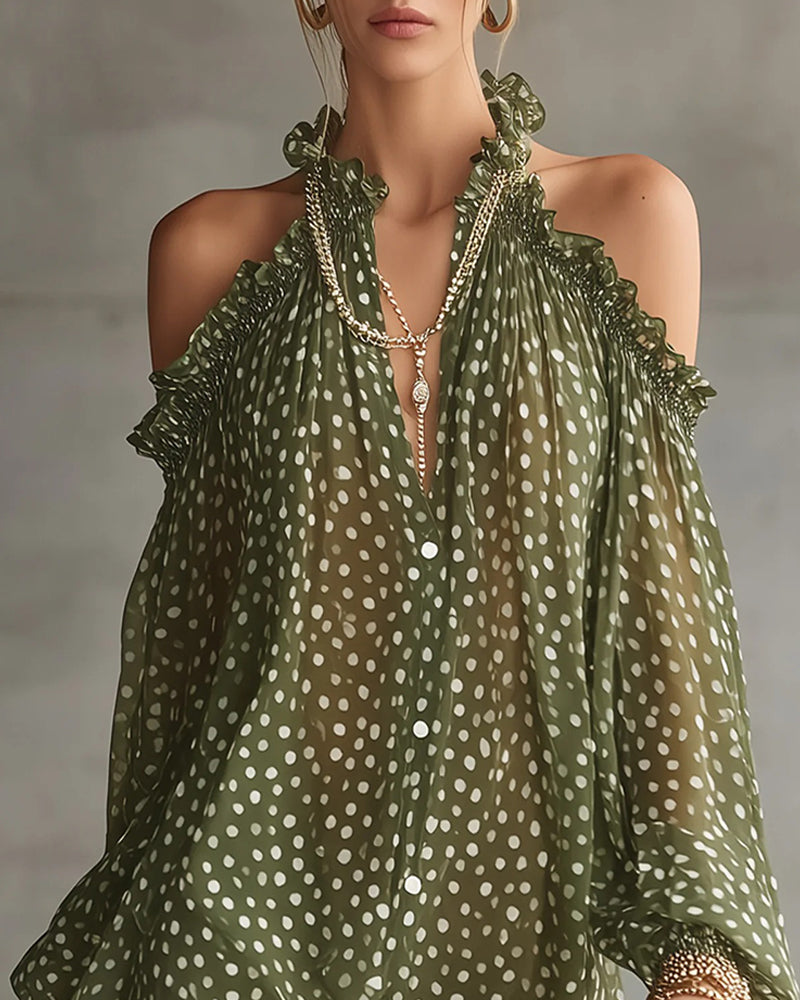 Kleid Tupfen Halter Cold Shoulder