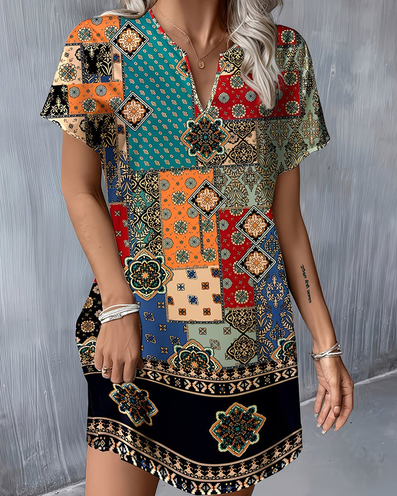 Kleid Ethno Farbblock Kurzarm