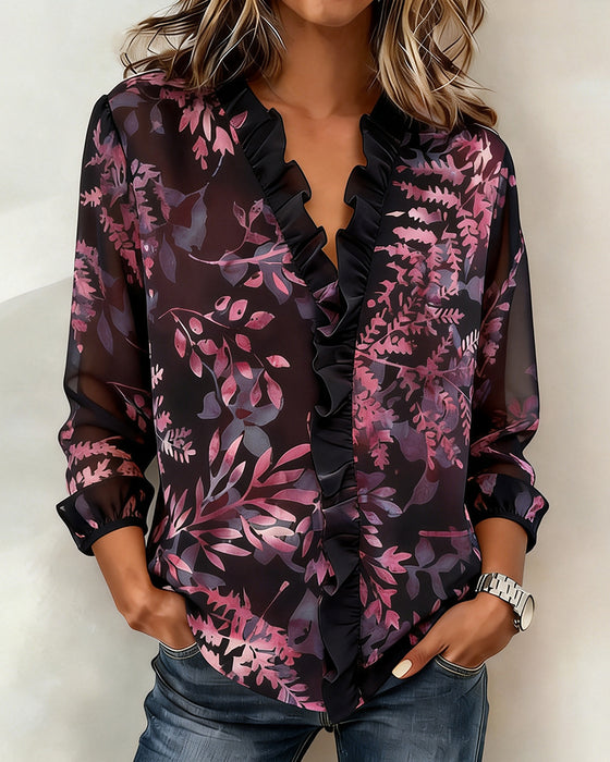 Bluse Blumen Rüschen V-Ausschnitt