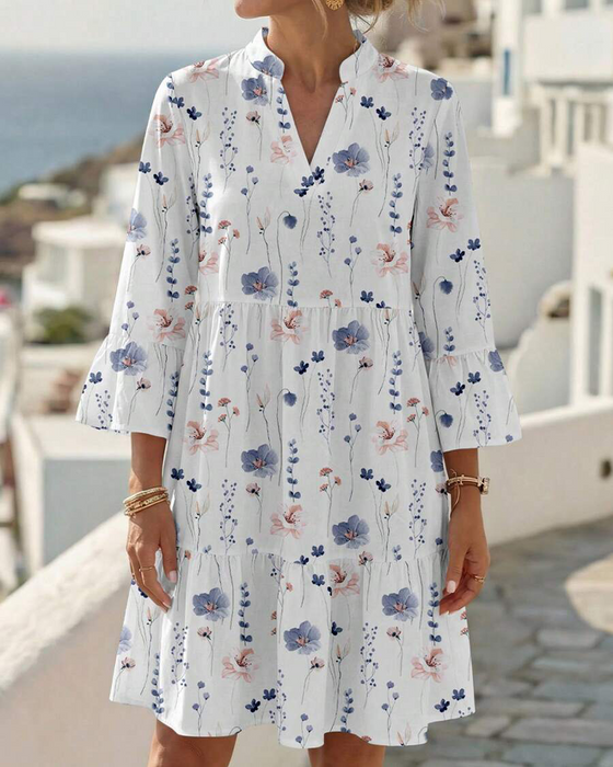 Kleid V-Ausschnitt Blumig Druck Midi