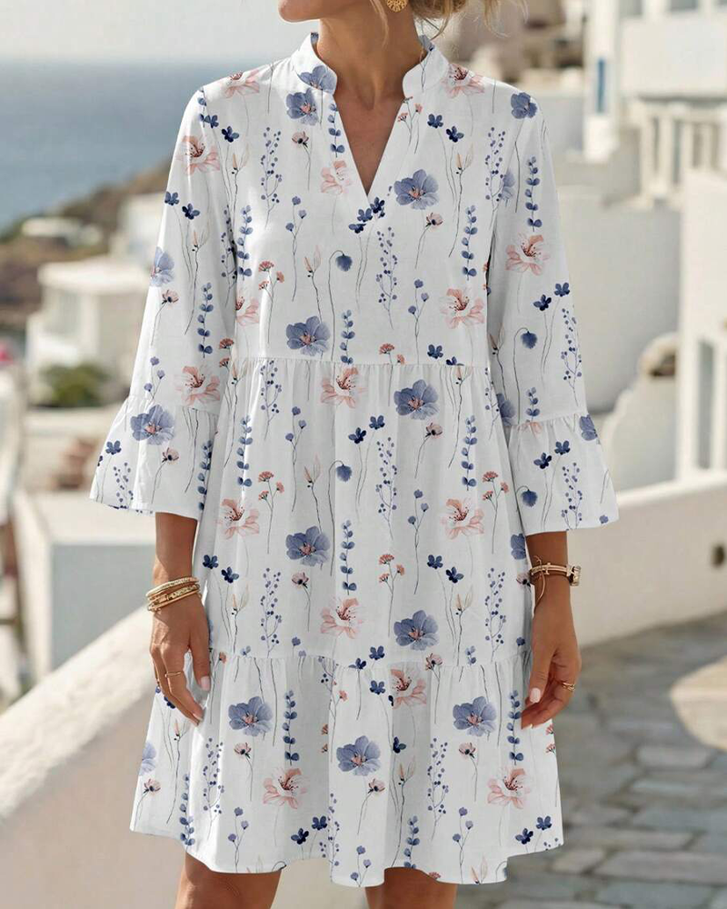 Kleid V-Ausschnitt Blumig Druck Midi