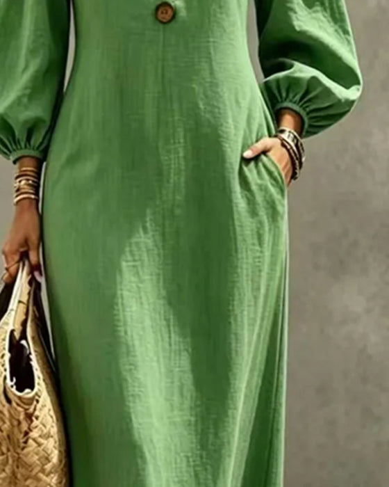 Kleid Kleiner V-Ausschnitt Knopf Puffärmel Tasche