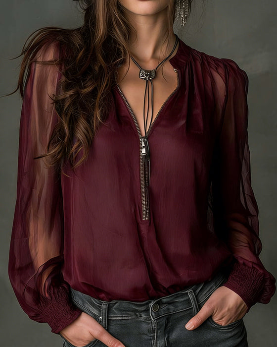 Bluse Halb-Reißverschluss Netz Langärmlig