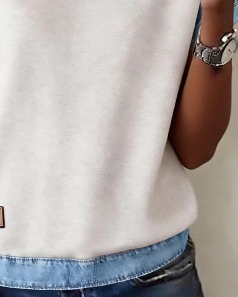 Top Lässig Rundhals Zusammengesetzt Denim