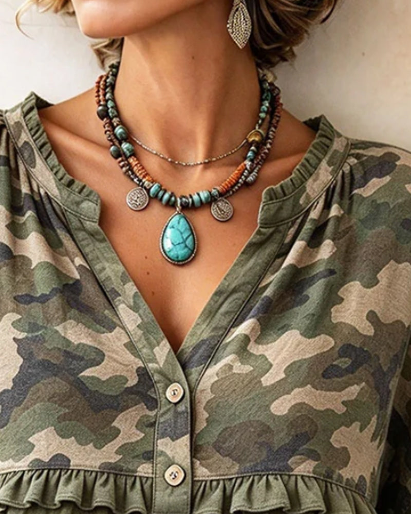 Oberteil Camo Patchwork Rüschenbesatz V-Ausschnitt