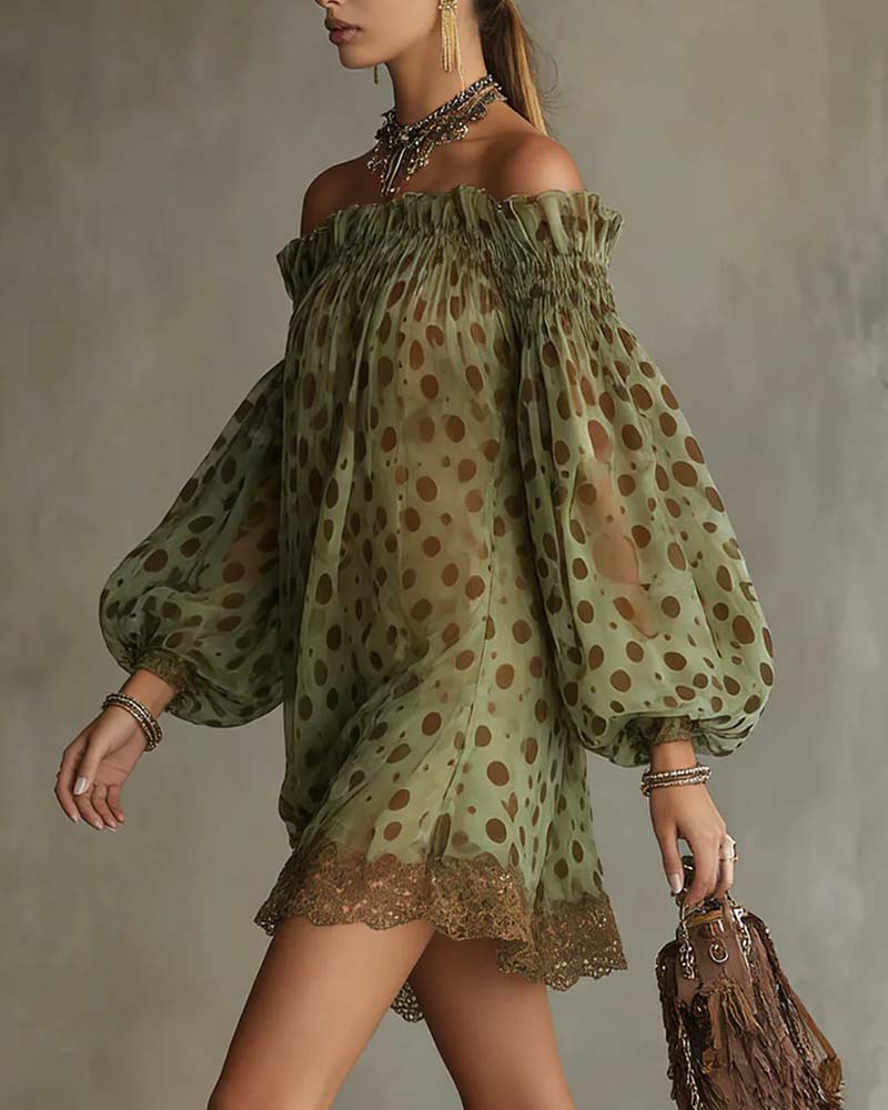 Kleid Leopardenmuster Off-Shoulder Spitze Patchwork
