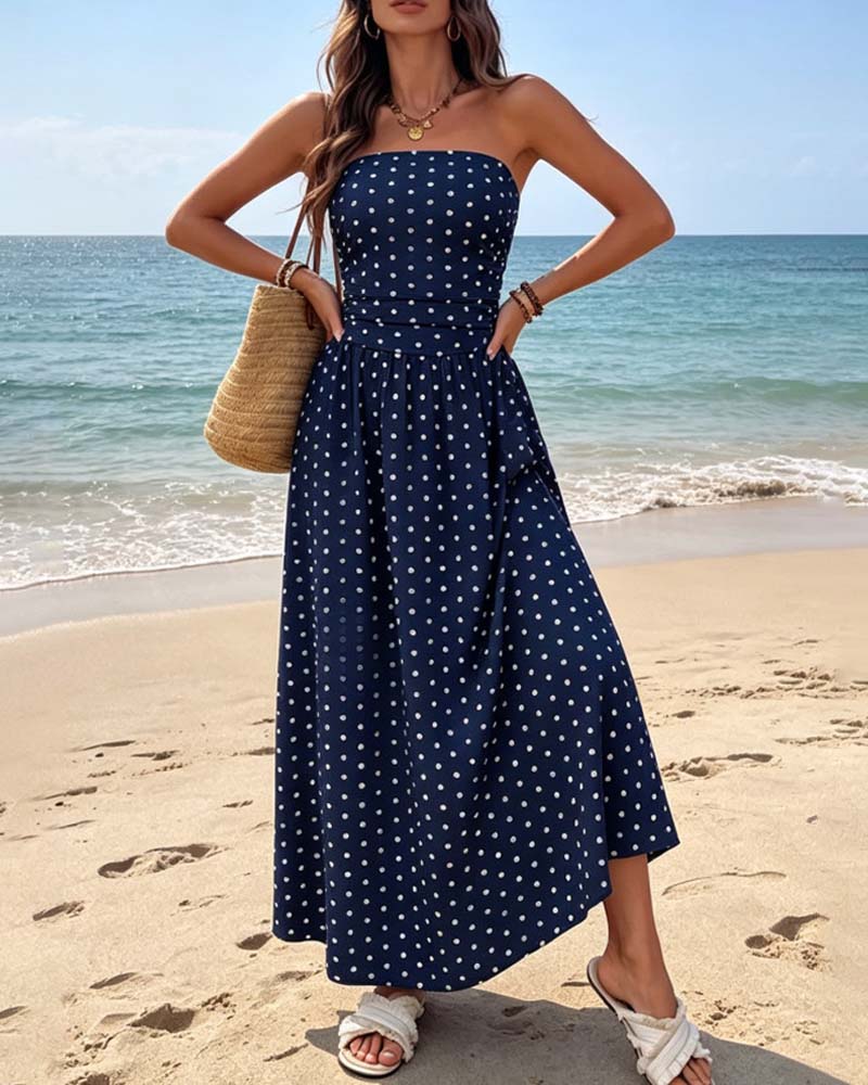 Kleid Tupfen Bandeau A-Linie Lang