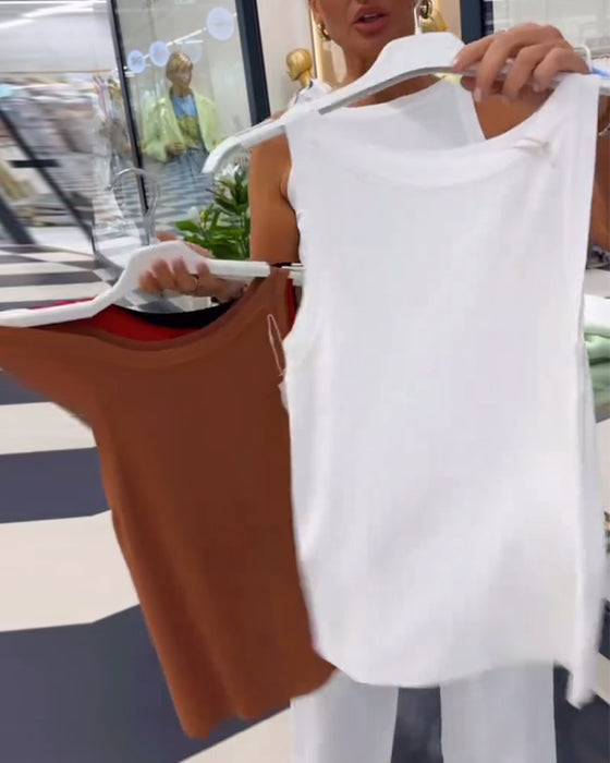 Tanktop Ärmellos Unifarben Rundhals