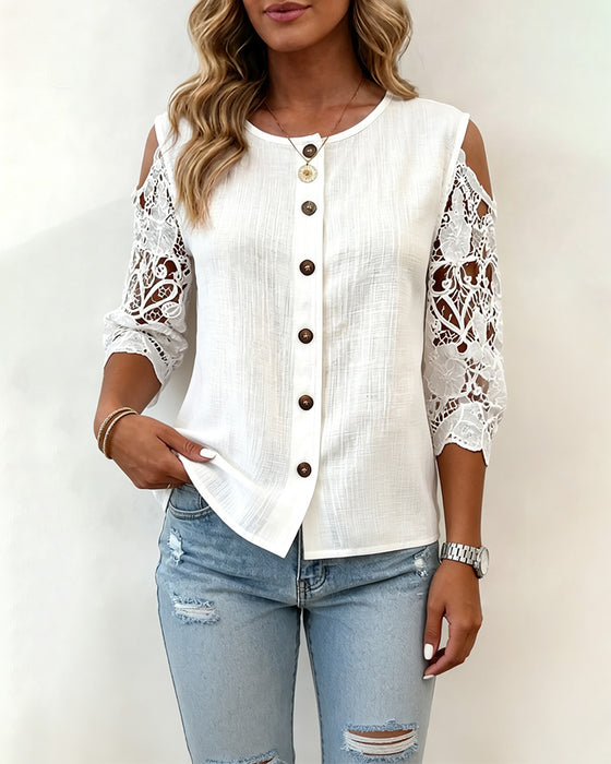 Bluse Ausschnitt Off-Shoulder Knopf