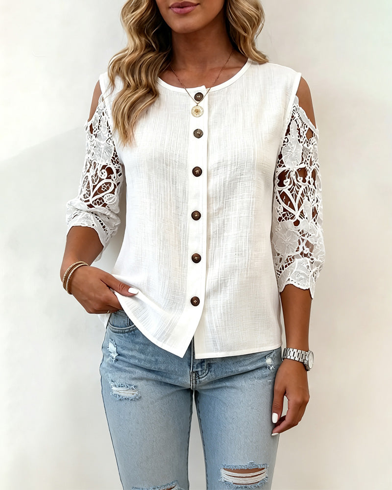 Bluse Ausschnitt Off-Shoulder Knopf