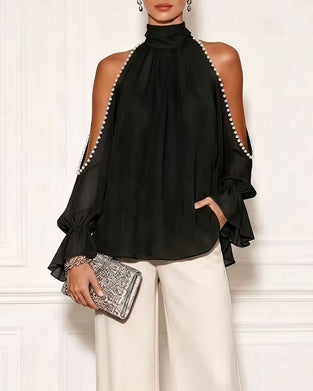 Bluse Rollkragen Off-Shoulder Rüsche