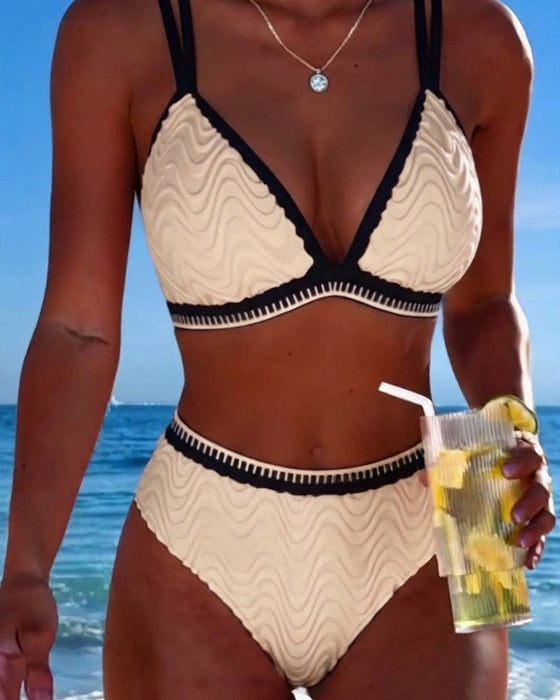 Bikini Farbblock Doppelträger Strukturiert