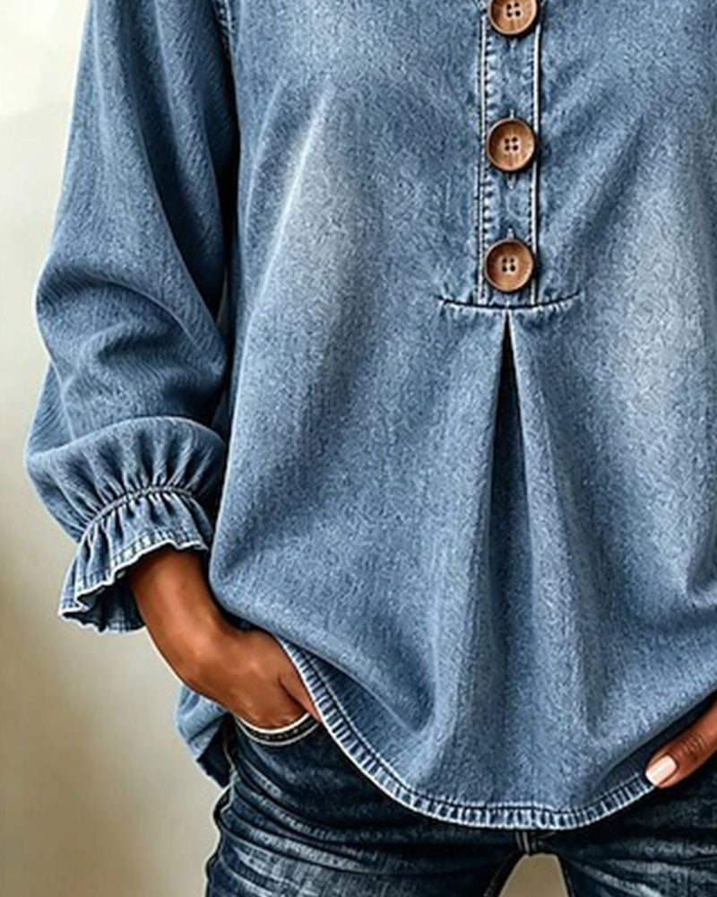 Top Denim V-Ausschnitt Knopf Rüschenärmel