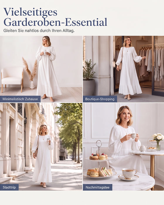 Kleid Rundhals Puffärmel Rüsche