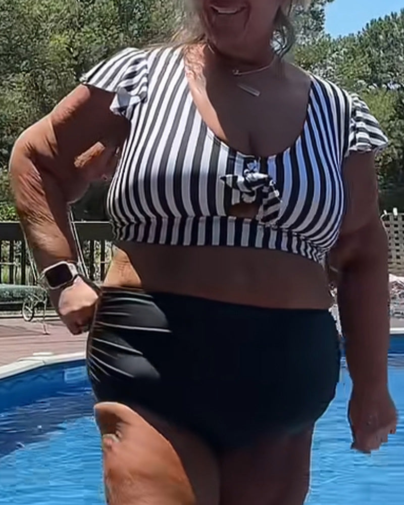 Bikini Gestreift Schmetterlingsärmel U-Ausschnitt