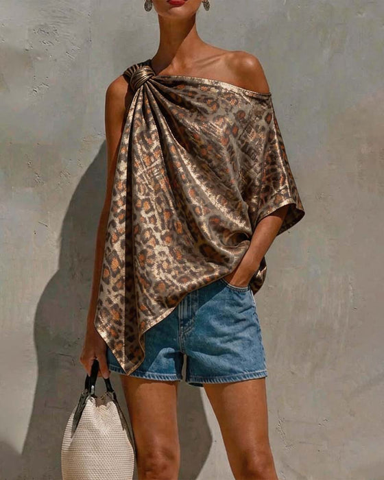 Bluse Goldfolie Leopard Ein-Schulter Twist