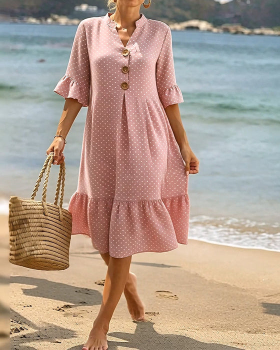 Kleid Polka Dot V-Ausschnitt Rüsche Ärmel