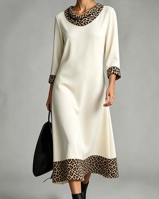 Kleid Slouchy Mock Neck Leopard Ellenbogenlang Ärmel
