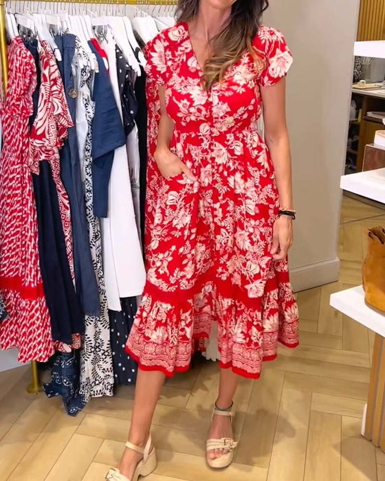 Kleid V-Ausschnitt Blumen Patchwork A-Linie