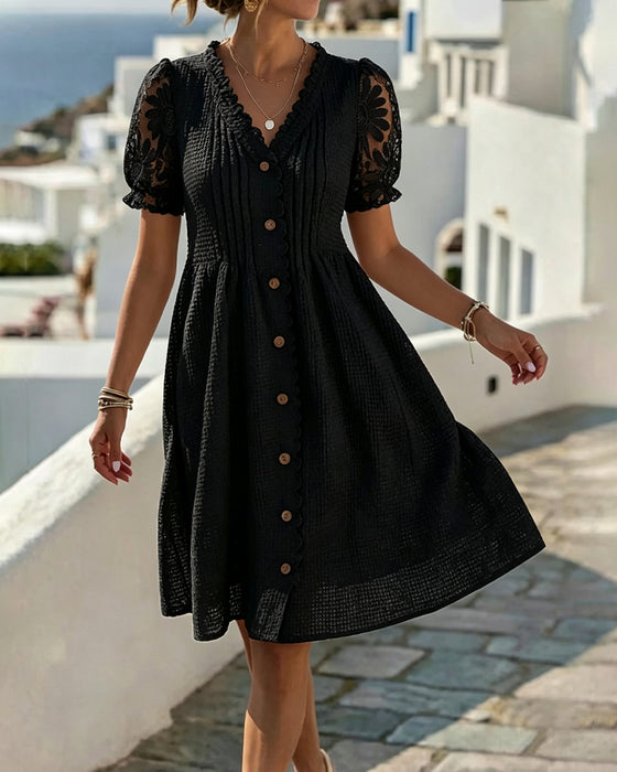 Kleid Puffärmel Sonnenblume Spitze Patchwork
